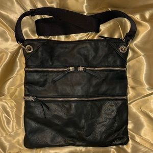 Margot Plush Leather Black Crossbody Silver Accents Zippers Rayon Adj. Strap